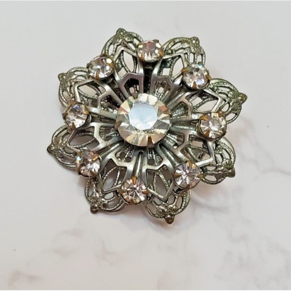 Vintage Rhinestone Brooch Pin Clear Tiered Flower Petals Silvertone C Clasp 1"